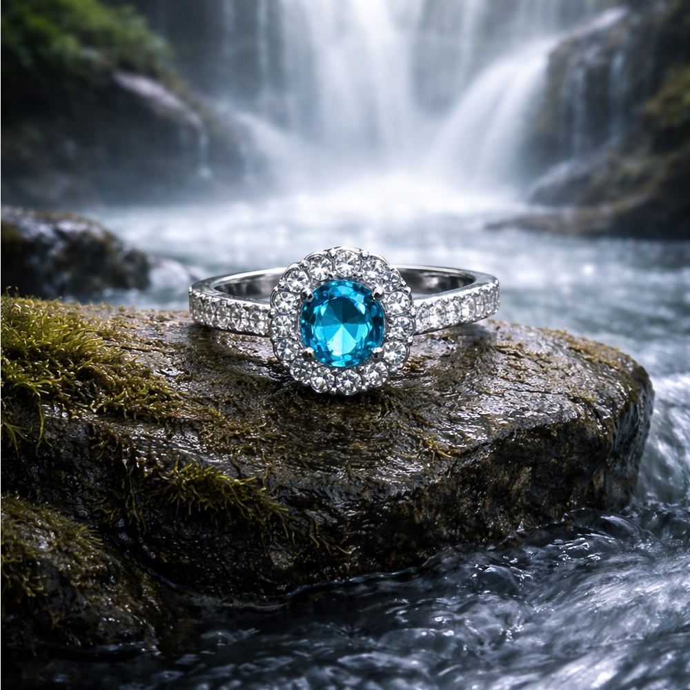 Azure Cascade Sapphire Halo Ring